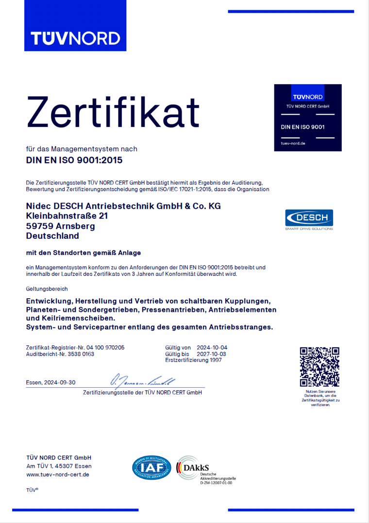 Nidec DESCH Antriebstechnik GmbH & Co. KG - DIN EN ISO 9001 Zertifikat (pdf)